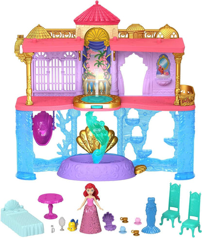 Mattel Disney Princess Ariel's Land & Sea Castle, Includes Ariel Doll with Red Hair and Colour-Changing Mermaid Fin, Flounder Pet, Pool, 10 Doll Accessories, Toys for Ages 3 and Up, Playset, HLW95