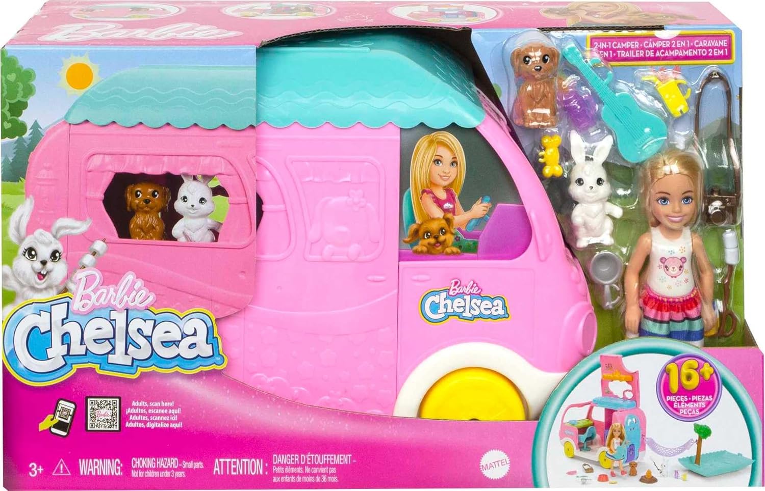 Barbie Camper, Chelsea 2-in-1 Playset with Small Doll, 2 Pets & 15 Accessories, Vehicle Transforms into Camp Site, HNH90