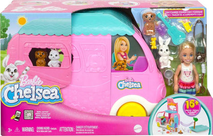 Barbie Camper, Chelsea 2-in-1 Playset with Small Doll, 2 Pets & 15 Accessories, Vehicle Transforms into Camp Site, HNH90