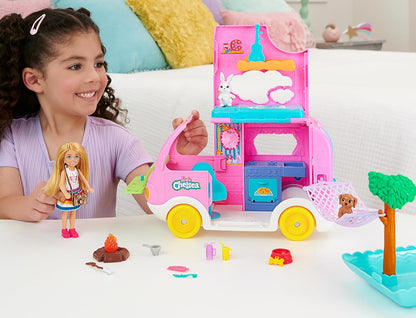 Barbie Camper, Chelsea 2-in-1 Playset with Small Doll, 2 Pets & 15 Accessories, Vehicle Transforms into Camp Site, HNH90