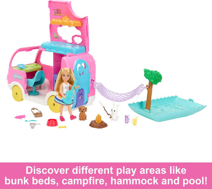 Barbie Camper, Chelsea 2-in-1 Playset with Small Doll, 2 Pets & 15 Accessories, Vehicle Transforms into Camp Site, HNH90