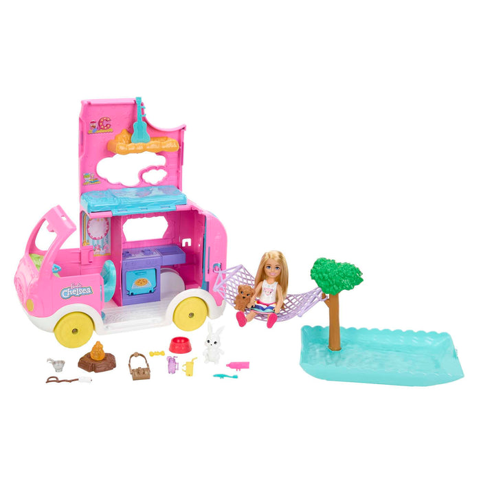 Barbie Camper, Chelsea 2-in-1 Playset with Small Doll, 2 Pets & 15 Accessories, Vehicle Transforms into Camp Site