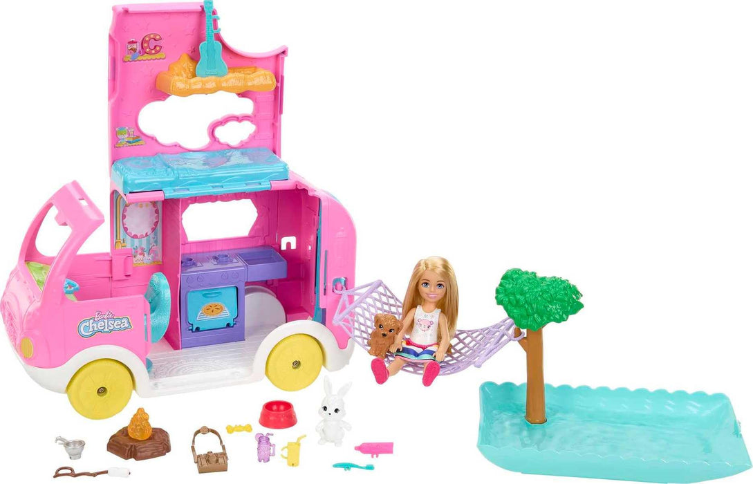 Barbie Camper, Chelsea 2-in-1 Playset with Small Doll, 2 Pets & 15 Accessories, Vehicle Transforms into Camp Site