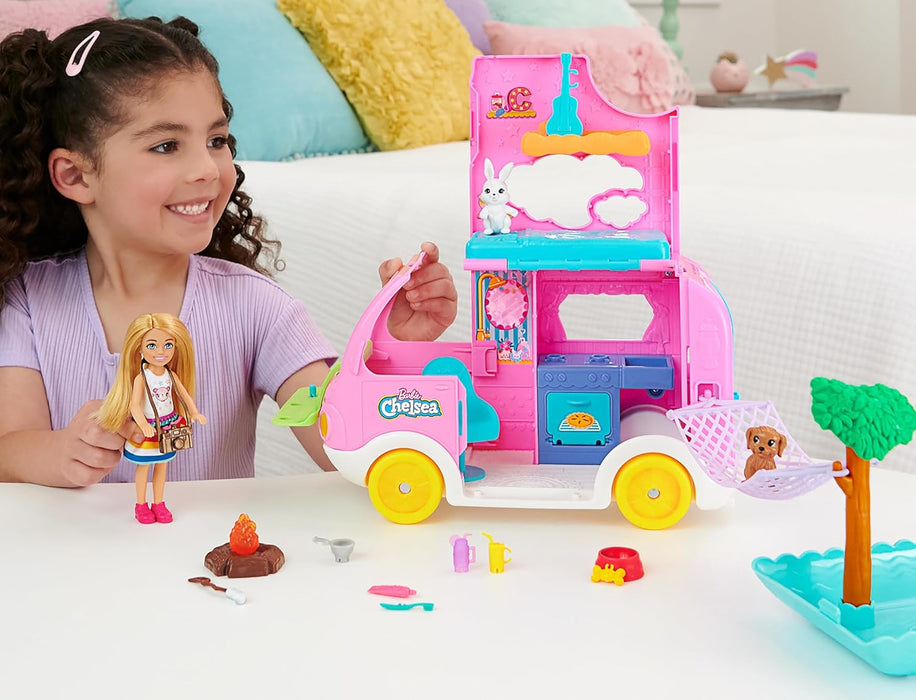 Barbie Camper, Chelsea 2-in-1 Playset with Small Doll, 2 Pets & 15 Accessories, Vehicle Transforms into Camp Site