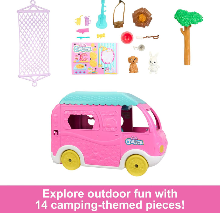 Barbie Camper, Chelsea 2-in-1 Playset with Small Doll, 2 Pets & 15 Accessories, Vehicle Transforms into Camp Site