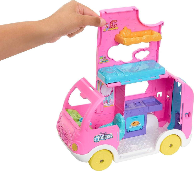 Barbie Camper, Chelsea 2-in-1 Playset with Small Doll, 2 Pets & 15 Accessories, Vehicle Transforms into Camp Site