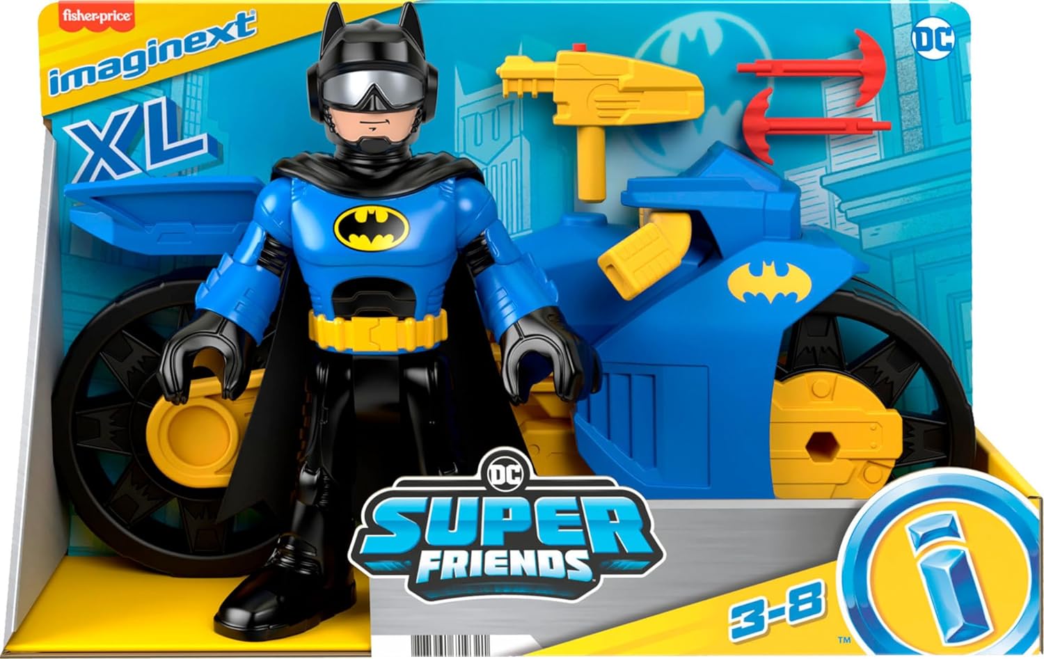 Imaginext DC Super Friends Batman Toys, XL Batcycle with Projectile Launcher and XL Batman Figure, Each 10 Inches, HNM32