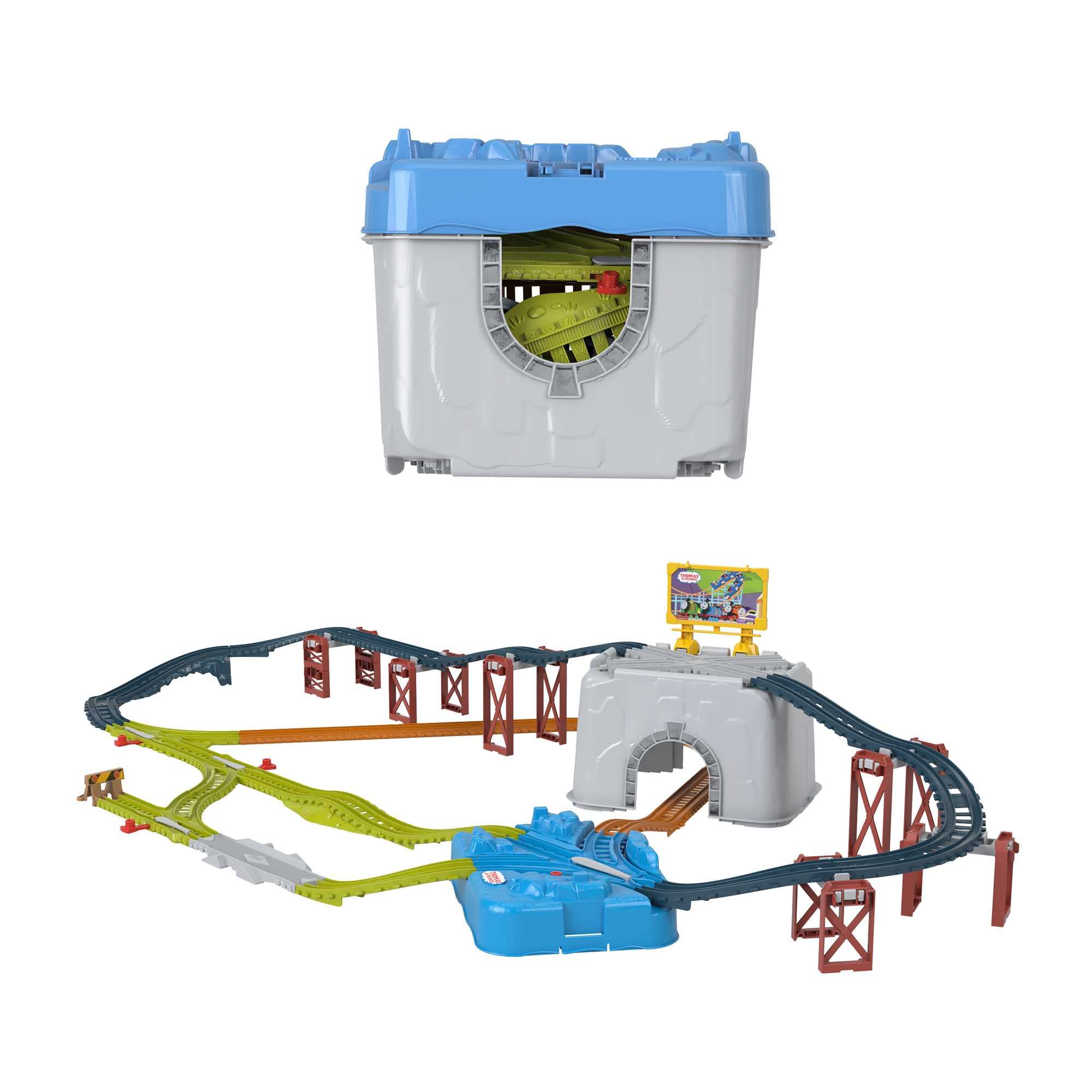 Thomas & Friends Cubo Conecta y construye la pista, Set de juego con pistas para tren de juguete, 34 piezas, juguete +3 años (HNP81