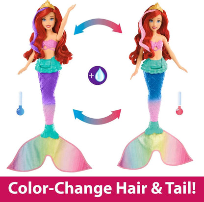 Mattel Disney Princess Juguetes, Muñeca de Ariel Sirena Nadadora con Cola y Pelo que cambia de color, juguete inspirado en la película de Disney, juguete +3 años, HPD43