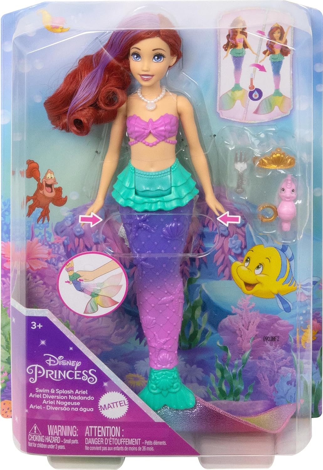 Mattel Disney Princess Juguetes, Muñeca de Ariel Sirena Nadadora con Cola y Pelo que cambia de color, juguete inspirado en la película de Disney, juguete +3 años, HPD43