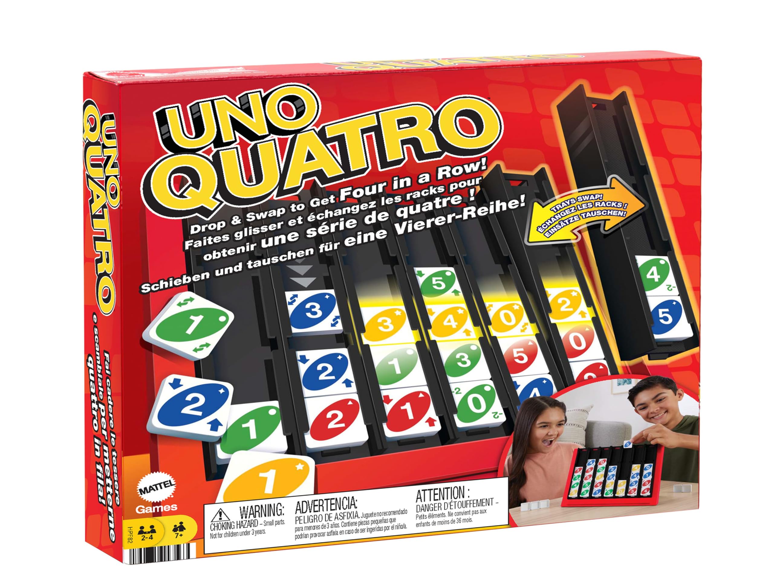 Mattel Games UNO Quatro Juego de Mesa Cuatro en Raya con fichas, +7 años (Mattel HPF82)
