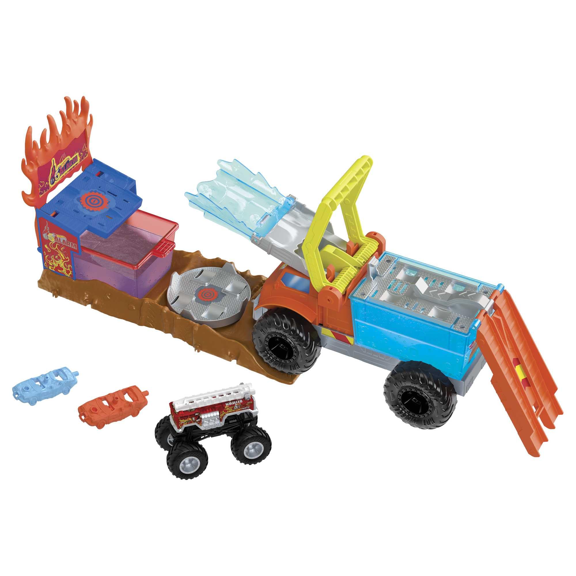 Hot Wheels Monster Trucks Arena Smashers Color Shifters 5-Alarm Rescue with 1 Color Shifter Monster Truck, 2 Crushable Cars and 1 Detachable Semi Rig, HPN73