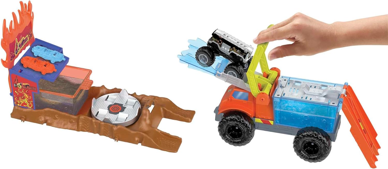 Hot Wheels Monster Trucks Arena Smashers Color Shifters 5-Alarm Rescue with 1 Color Shifter Monster Truck, 2 Crushable Cars and 1 Detachable Semi Rig, HPN73
