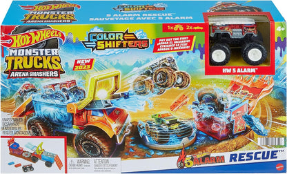 Hot Wheels Monster Trucks Arena Smashers Color Shifters 5-Alarm Rescue with 1 Color Shifter Monster Truck, 2 Crushable Cars and 1 Detachable Semi Rig, HPN73