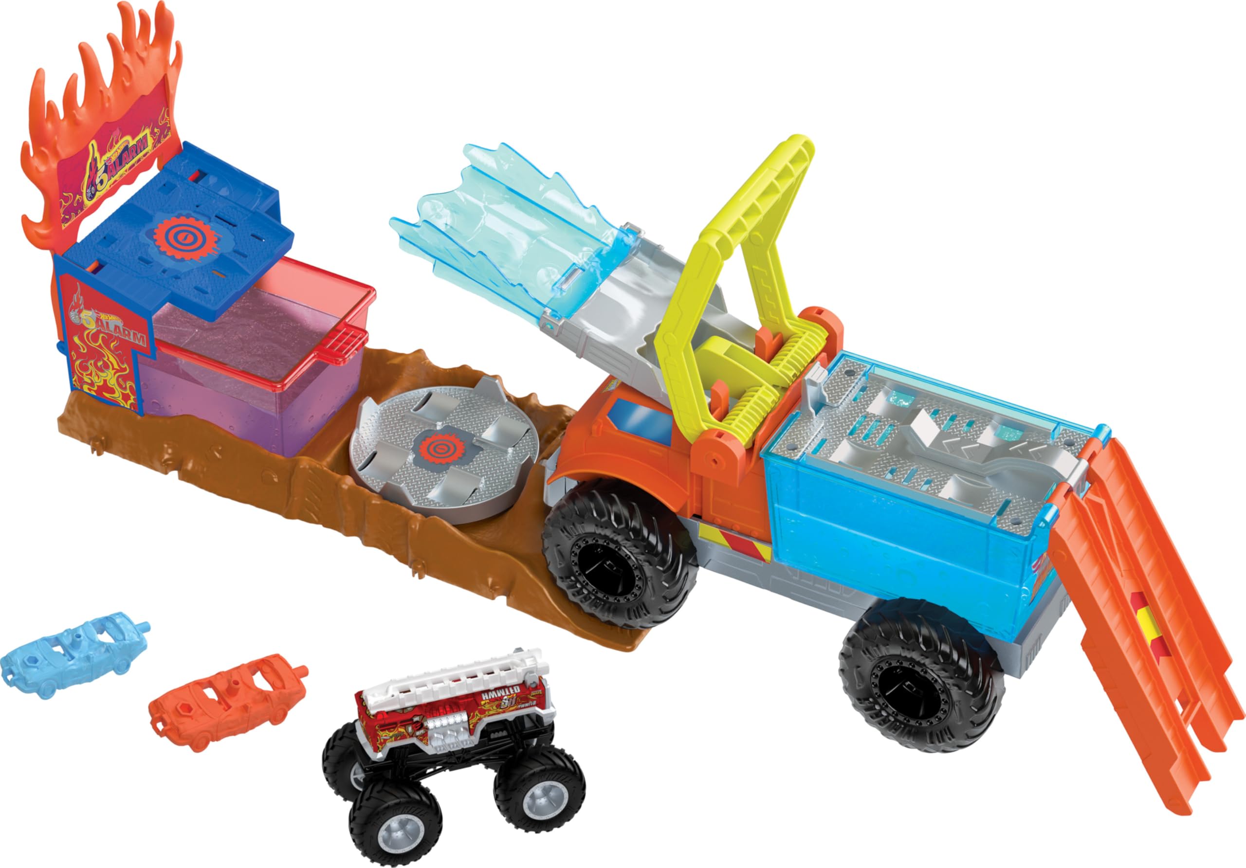 Hot Wheels Monster Trucks Arena Smashers Color Shifters 5-Alarm Rescue with 1 Color Shifter Monster Truck, 2 Crushable Cars and 1 Detachable Semi Rig, HPN73