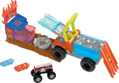 Hot Wheels Monster Trucks Arena Smashers Color Shifters 5-Alarm Rescue with 1 Color Shifter Monster Truck, 2 Crushable Cars and 1 Detachable Semi Rig, HPN73