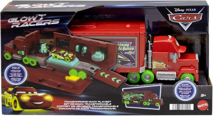 Mattel Disney Pixar Cars Glow Racers Camión de juguete Mack 2 en 1 Lanzador para pista para coches de juguete que brilla en la oscuridad, +3 años (HPX76