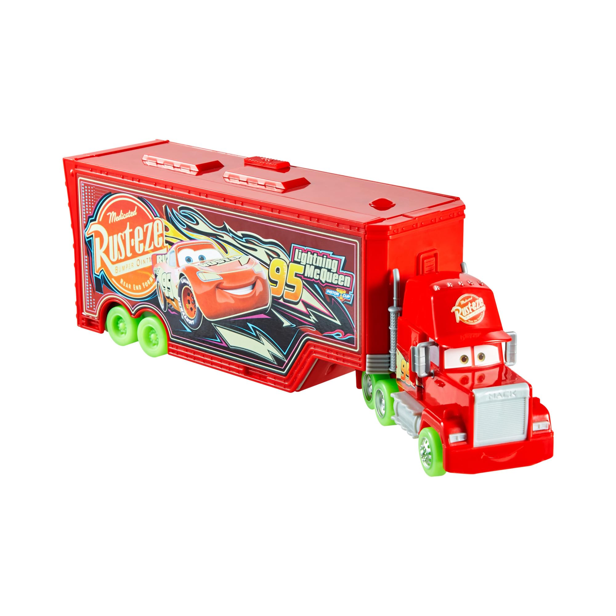 Mattel Disney Pixar Cars Glow Racers Camión de juguete Mack 2 en 1 Lanzador para pista para coches de juguete que brilla en la oscuridad, +3 años (HPX76