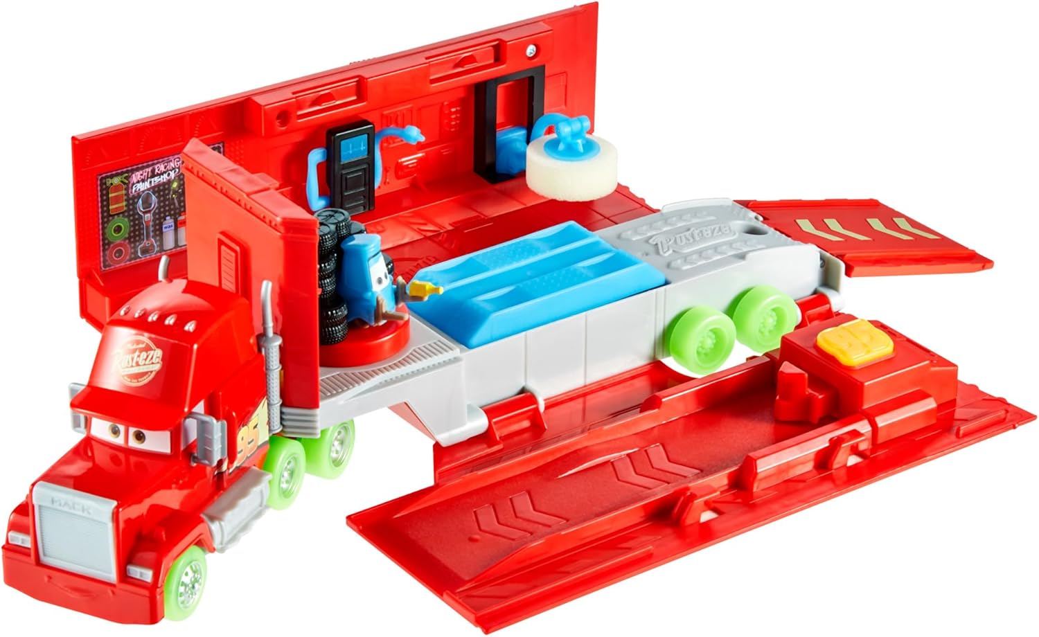Mattel Disney Pixar Cars Glow Racers Camión de juguete Mack 2 en 1 Lanzador para pista para coches de juguete que brilla en la oscuridad, +3 años (HPX76