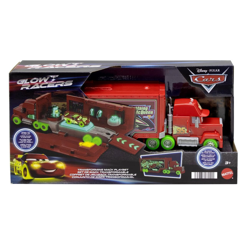 Mattel Disney Pixar Cars Glow Racers Camión de juguete Mack 2 en 1 Lanzador para pista para coches de juguete que brilla en la oscuridad, +3 años (HPX76
