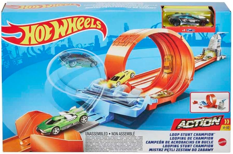 Hot Wheels Looping Stuntkampioen Baanset met dubbele looping, dubbele lanceerder, springschans en 1 Hot Wheels auto voor kinderen vanaf 4 jaar, GTV13