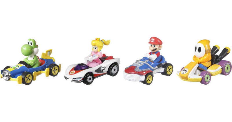 Hot Wheels GWB38 Mario Kart Die-Cast Character Replicas in 4-Pack Each Assortment Includes Fan-Favorite Characters and 1 Exclusive Ages 3 and older, Multicolor, 5.08 cm*3.175 cm*7.62 cm 1:64 Mario Kart 4 Pack #2