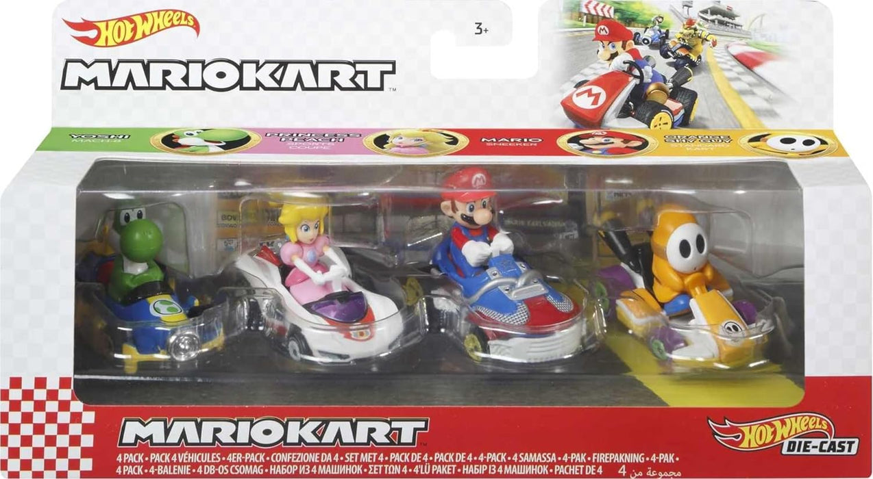 Hot Wheels GWB38 Mario Kart Die-Cast Character Replicas in 4-Pack Each Assortment Includes Fan-Favorite Characters and 1 Exclusive Ages 3 and older, Multicolor, 5.08 cm*3.175 cm*7.62 cm 1:64 Mario Kart 4 Pack #2