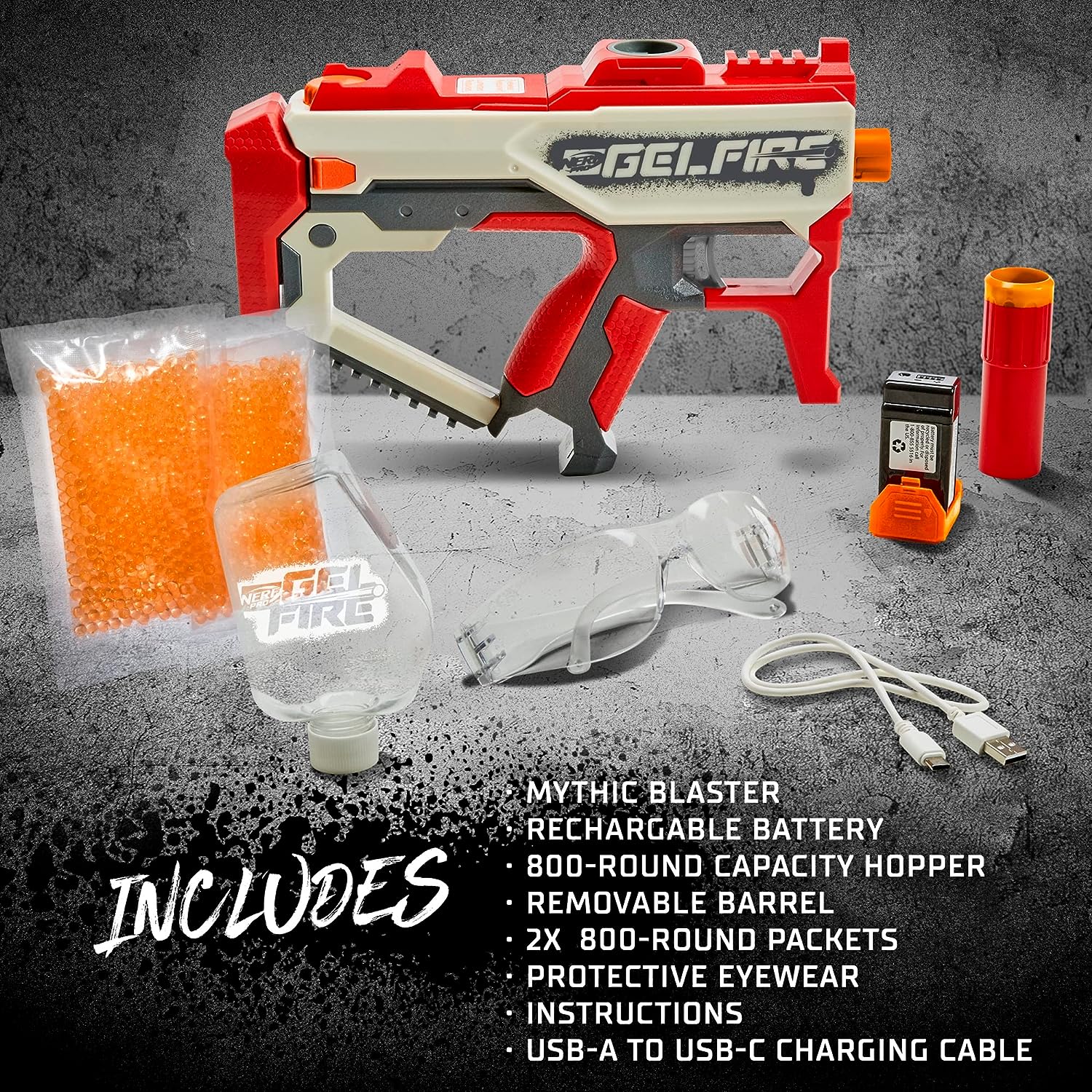 Nerf Pro Gelfire Mythic Blaster, 1,600 Gelfire Rounds, Hopper, Rechargeable Battery, Eyewear