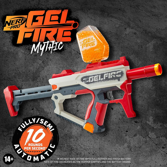 Nerf Pro Gelfire Mythic Blaster, 1,600 Gelfire Rounds, Hopper, Rechargeable Battery, Eyewear