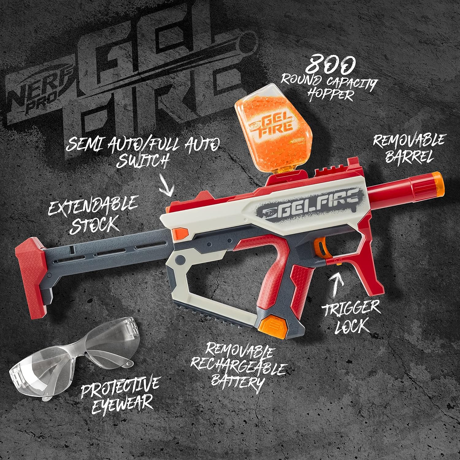 Nerf Pro Gelfire Mythic Blaster, 1,600 Gelfire Rounds, Hopper, Rechargeable Battery, Eyewear