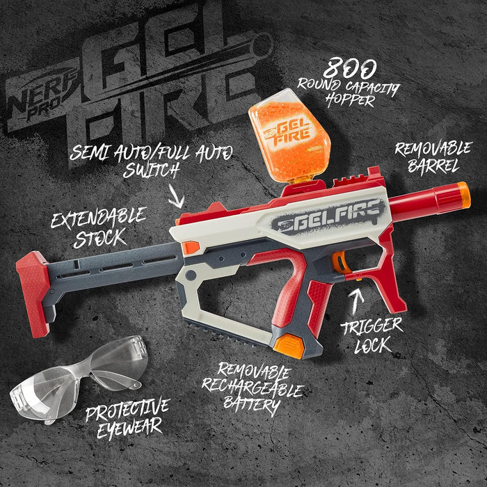 Nerf Pro Gelfire Mythic Blaster, 1,600 Gelfire Rounds, Hopper, Rechargeable Battery, Eyewear