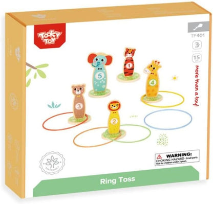 Tooky Toy Ringwurfspiel T401 aus Holz 15-teilig, 5 Bunte Tierfiguren, 5 Ringe, Farbe:bunt