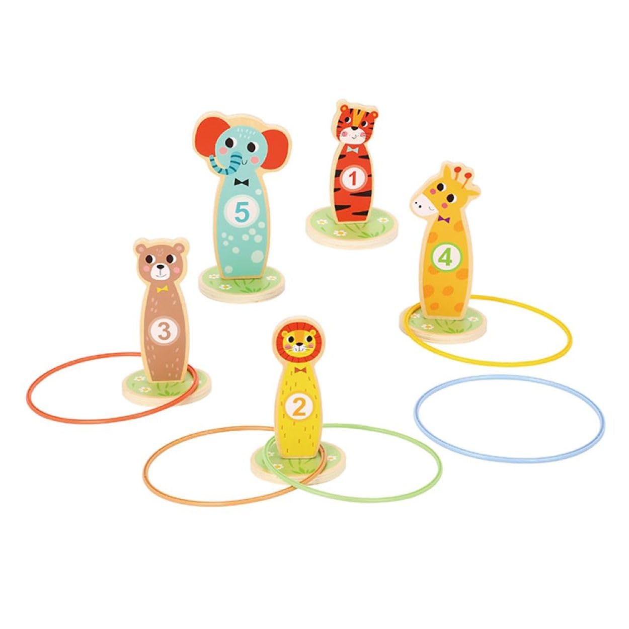 Tooky Toy Ringwurfspiel T401 aus Holz 15-teilig, 5 Bunte Tierfiguren, 5 Ringe, Farbe:bunt