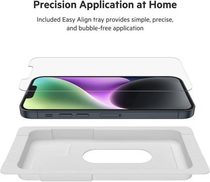 Belkin TemperedGlass iPhone 14, 13, 13 Pro Screen Protector, AntiMicrobial-Treated, Easy Bubble Free Application with Included Installation Guide Tray, 9H Hardness Tested