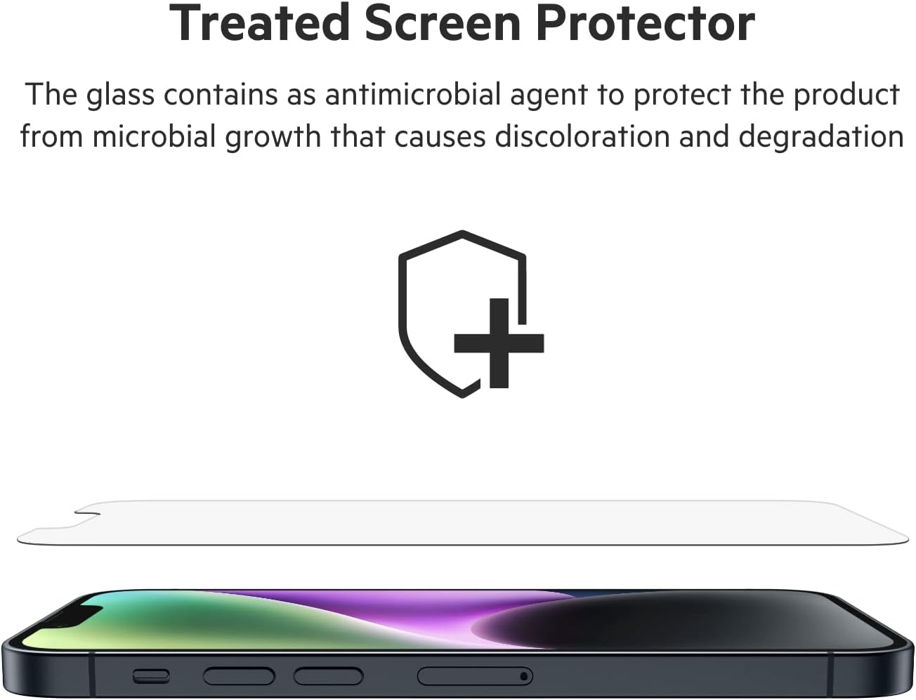 Belkin TemperedGlass iPhone 14, 13, 13 Pro Screen Protector, AntiMicrobial-Treated, Easy Bubble Free Application with Included Installation Guide Tray, 9H Hardness Tested