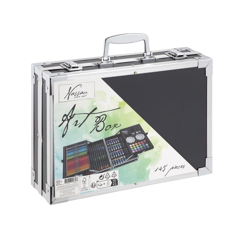 Nassau Fine Art Malkoffer | 145-teiliger Kunstzeichenkasten in Metall-Aufbewahrungsbox| Kreativitätsbox für Kinder und Erwachsene | Buntstifte, Aquarellfarben, Pastellkreiden | Hobby, Schule & Beruf