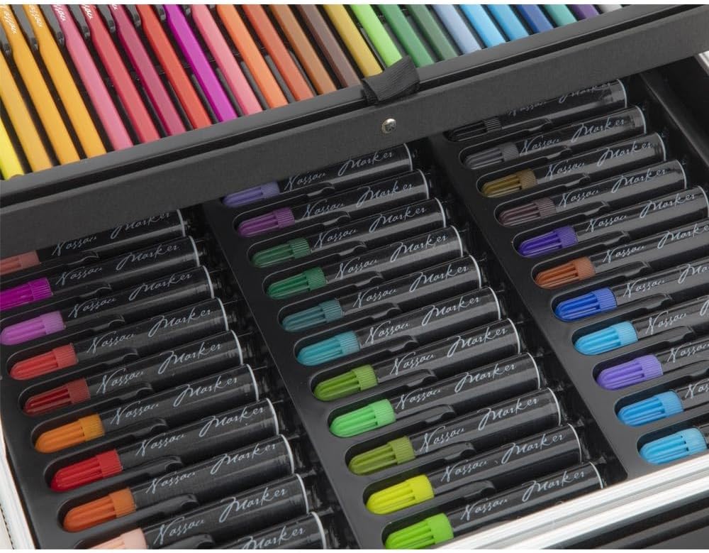 Nassau Fine Art Malkoffer | 145-teiliger Kunstzeichenkasten in Metall-Aufbewahrungsbox| Kreativitätsbox für Kinder und Erwachsene | Buntstifte, Aquarellfarben, Pastellkreiden | Hobby, Schule & Beruf