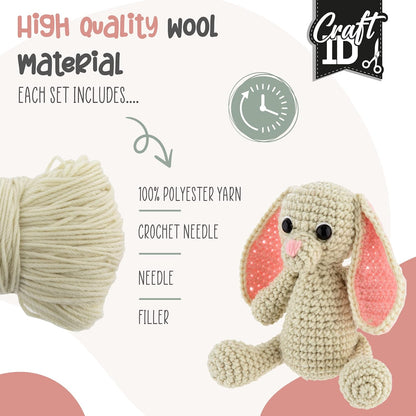 Craft ID Crochet Sets for Beginners | Amigurumi Set | Rabbit | Starter Crochet Pack | Crochet Hook Set Children and Adults | Crochet Packages Cuddly Toys | Crochet Set Animals