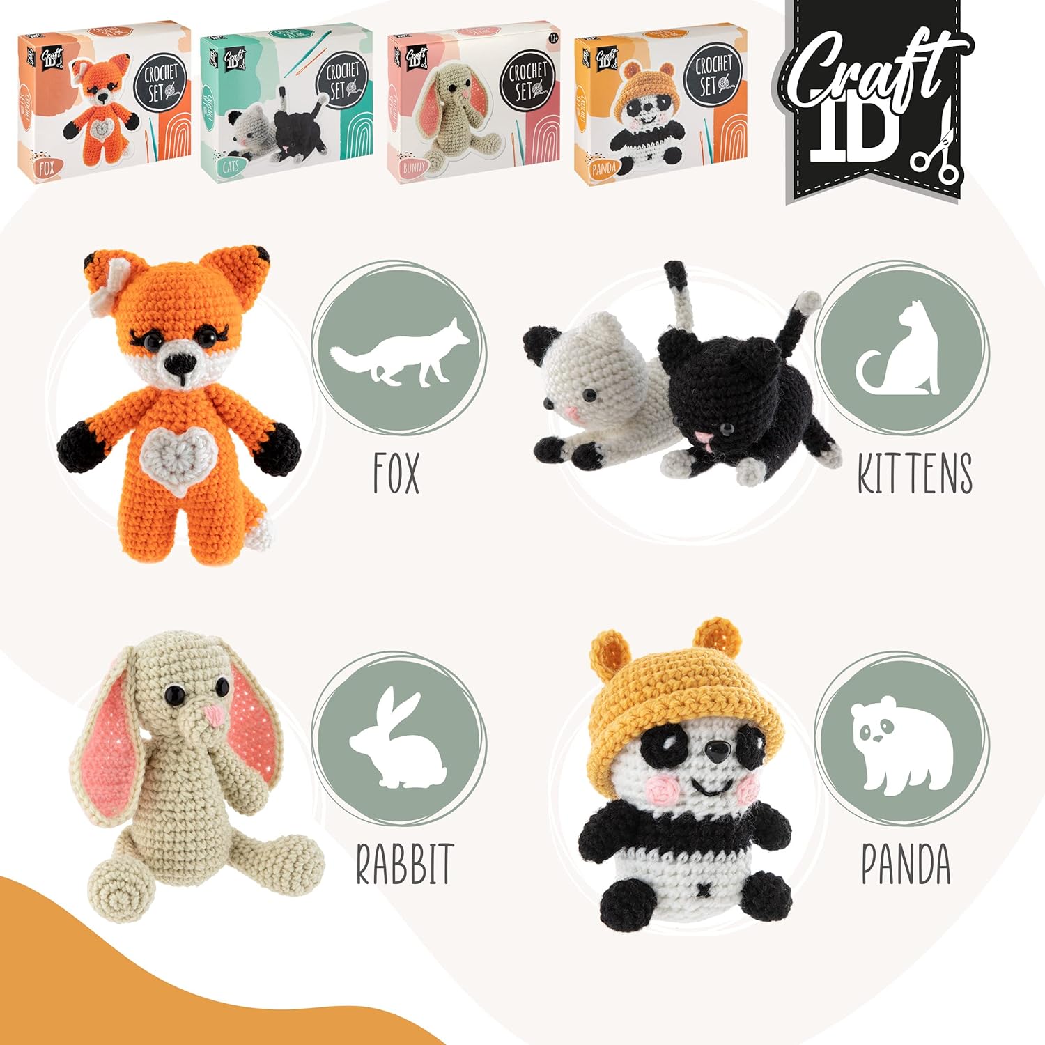 Craft ID Crochet Sets for Beginners | Amigurumi Set | Panda | Starter Crochet Pack | Crochet Hook Set Children and Adults | Crochet Packages Cuddly Toys | Crochet Set Animals