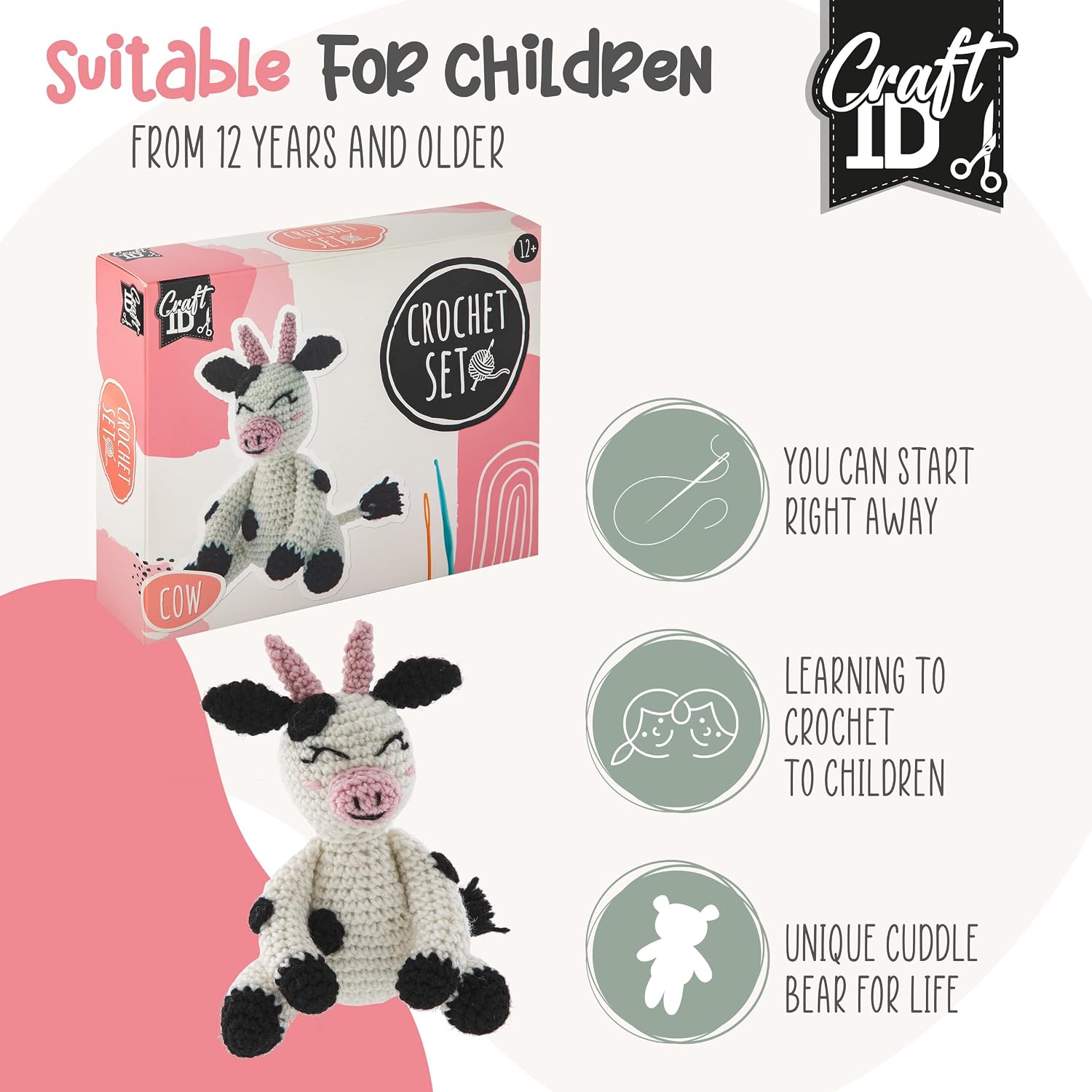 Craft ID Cow Crochet Set, Amigurumi Set, Crochet Package, Children and Adults, Crochet Packages, Cuddly Toys, Crochet Set, Animals, Experienced Crochet Kit