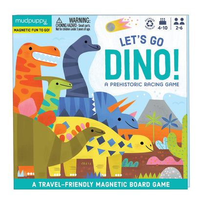 Mudpuppy Let’s Go, Dinos! Magnetic Board Game – Colorful Racing Game for Kids Ages 5-10, 2-6 Players – Compact & Magnetic Design, Ideal Travel Activity for Kids, Instructions Included