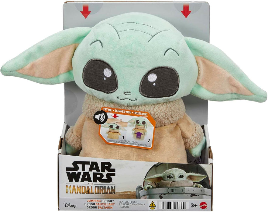 Mattel Star Wars The Mandalorian Peluche Grogu saltarín que salta y emite sonidos si le aprietas la cabeza hacia abajo, juguete +3 años (HPG48)