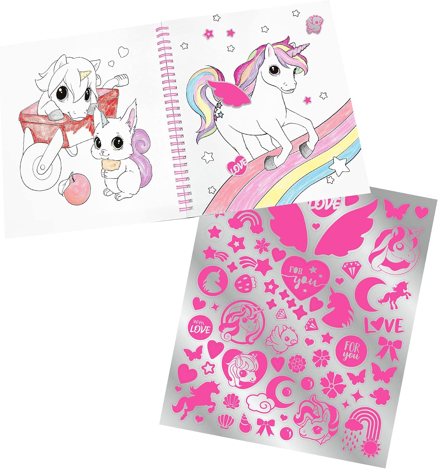 Depesche 12492 Ylvi - Malbuch mit 40 Seiten zum Gestalten von Einhorn-Motiven, Stickerbogen und Pailletten-Verzierung