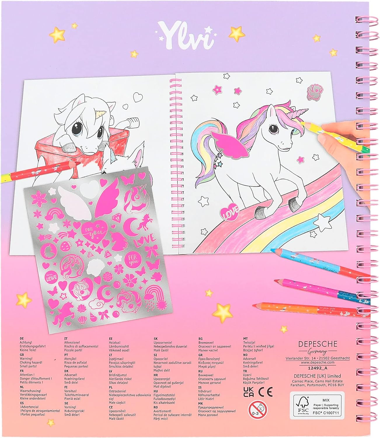 Depesche 12492 Ylvi - Malbuch mit 40 Seiten zum Gestalten von Einhorn-Motiven, Stickerbogen und Pailletten-Verzierung