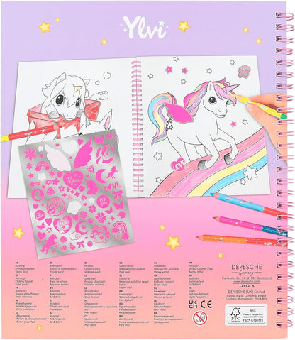 Depesche 12492 Ylvi - Malbuch mit 40 Seiten zum Gestalten von Einhorn-Motiven, Stickerbogen und Pailletten-Verzierung