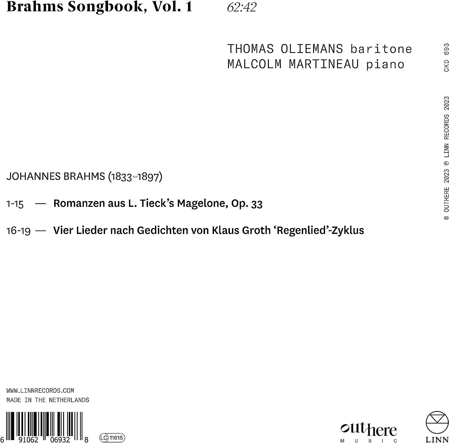 Brahms Songbook: Romanzen Aus Magelone/Regenlied-Zyklus - Volume 1