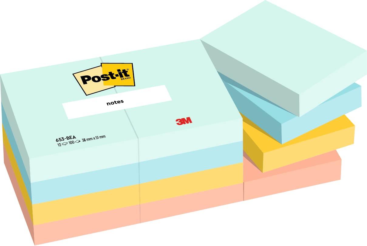 Post-it Notes Beach Color Collection, Pack of 12 Pads, 100 Sheets per Pad,38 mm x 51 mm, Green, Yellow, Orange - Self-stick Notes For Note Taking, To Do Lists & Reminders
