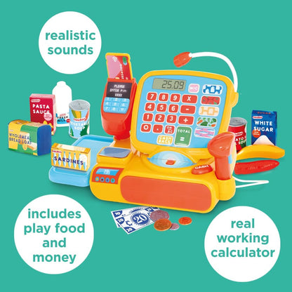 Casdon Cash Register. Toy Shopping Till Set with Working Calculator, Scanner, Pretend Money, Play Food, and More. Suitable for Preschool Toys. Playset for Children Aged 3+ , Multicolor