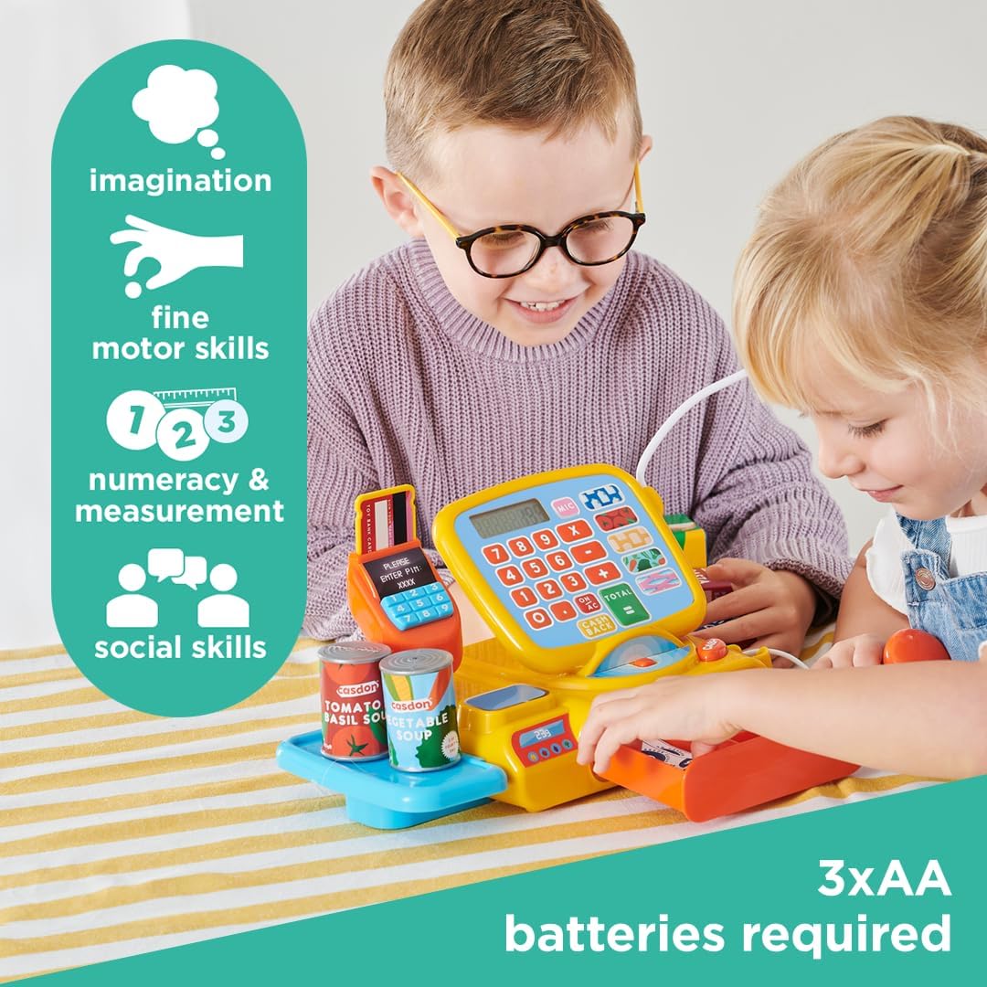 Casdon Cash Register. Toy Shopping Till Set with Working Calculator, Scanner, Pretend Money, Play Food, and More. Suitable for Preschool Toys. Playset for Children Aged 3+ , Multicolor