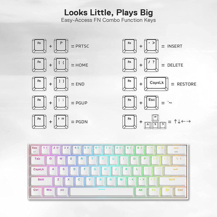 Redragon Teclado Inalámbrico Gaming Mecánico Blanco | K530W-Pro Draconic 60% 61 Teclas TKL | 2,4Ghz Bluetooth 3,0-5.0 USB |Teclado Gamer Compacto | Interruptores Marrones | Iluminación RGB